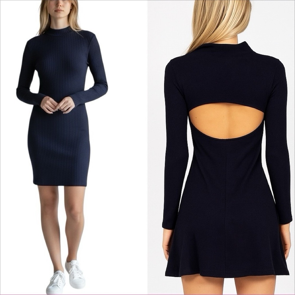 NWT Lost + Wander Womens Navy Cut Out Back Fitted Knit Mini Dress Size S Chic